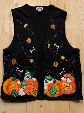 Vintage Y2K Tiara International Halloween Pumpkin Ghosts Sweater Vest Women's XL